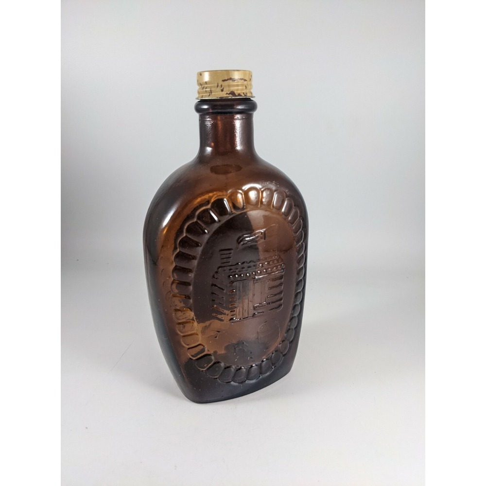 Vintage Log Cabin Syrup Bicentennial Bottle Amber Glass 1776 Wood Cabin W/ Label